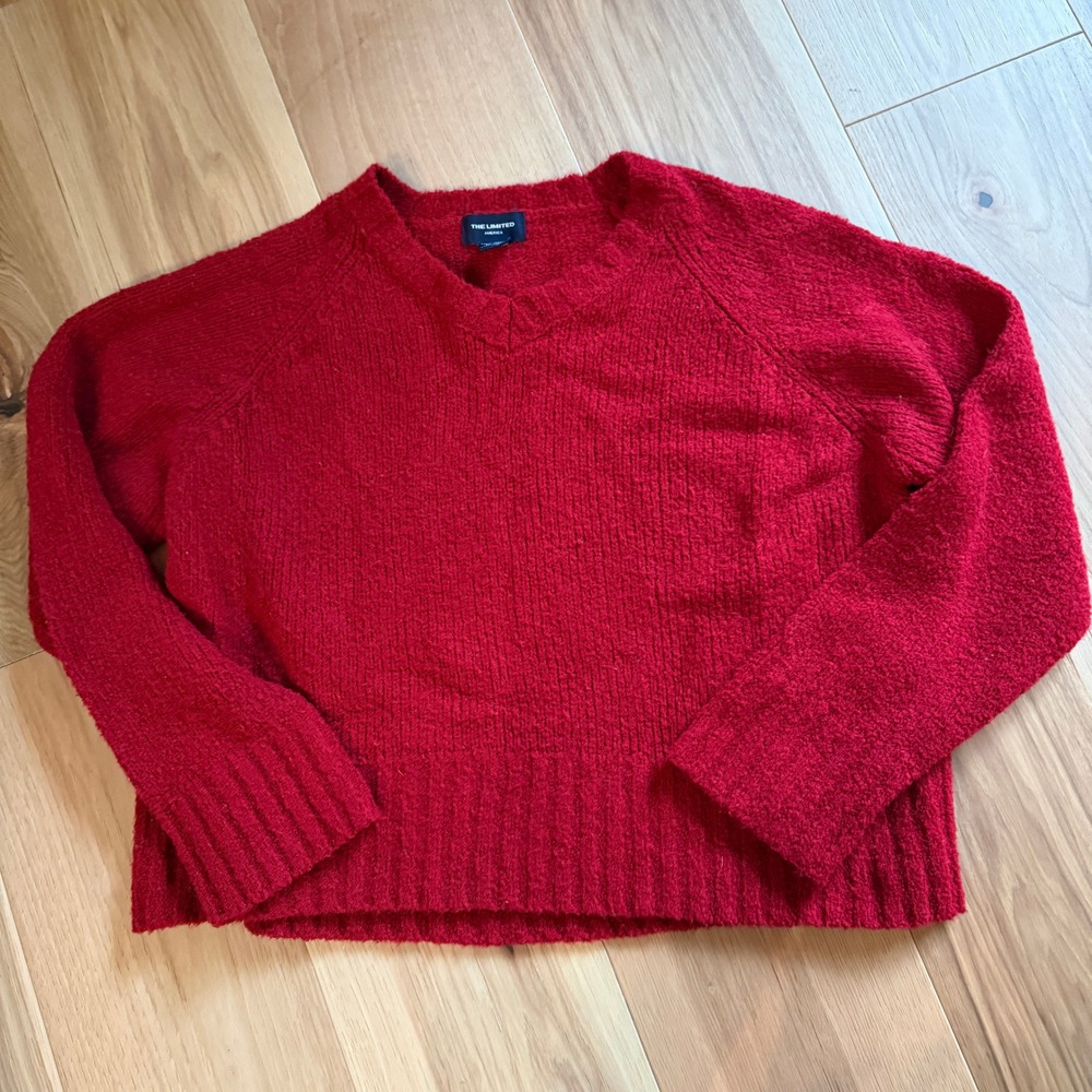 The Limited Sweater Women Large Red V-Neck Wool Blend Raglan Boucle Pullover